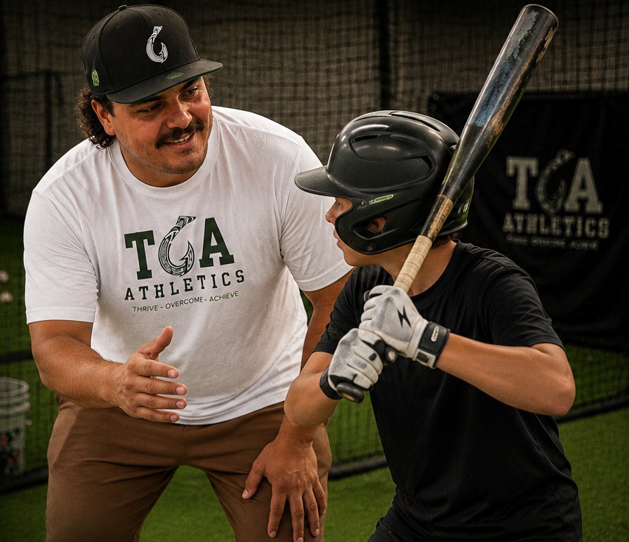 Coach EJ working with a young hitter in the TOA cage